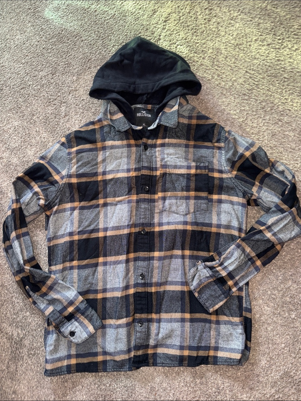 Hollister Black, Gray & Tan Plaid Hooded Shirt Jacket